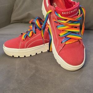 Skechers Women's Red Sneakers with Rainbow Laces